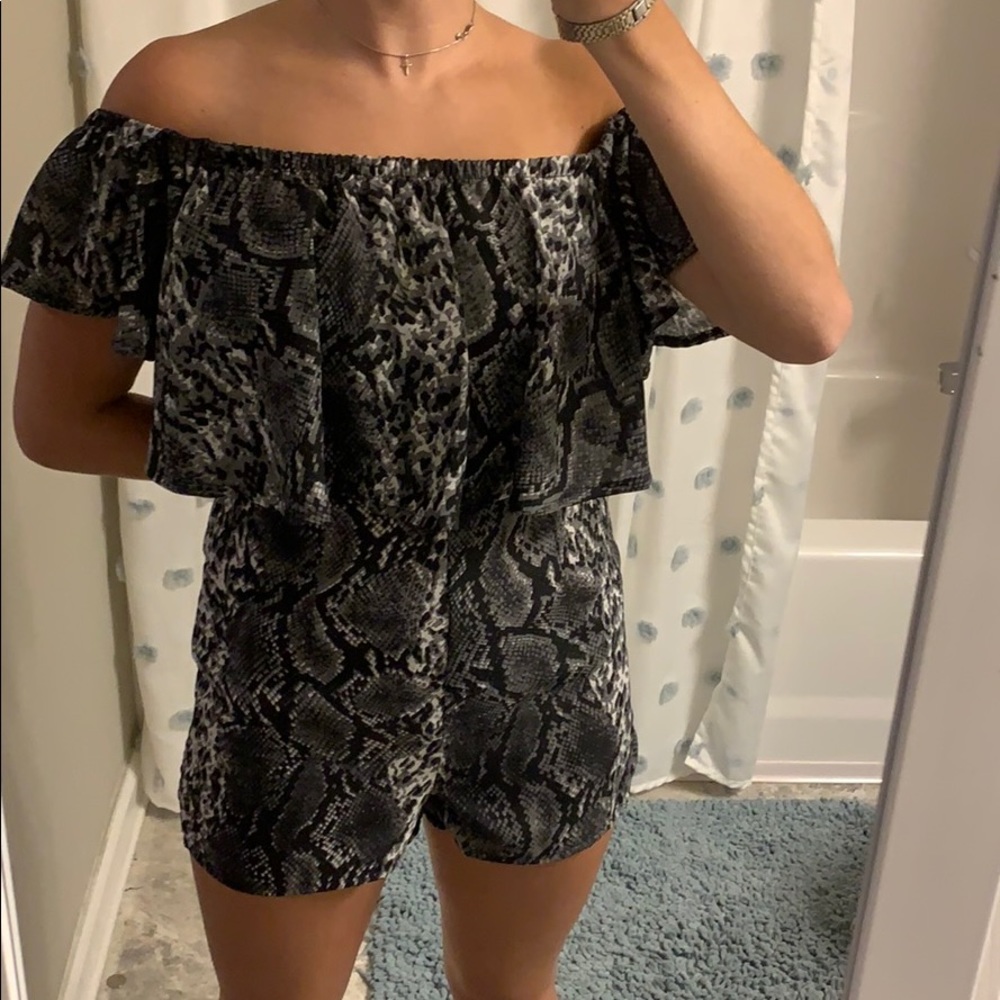 Misguided Black and White Snakeskin Ruffle Romper
